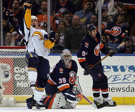 Sabres' forward Adam Mair celebrates his goal in Game Three